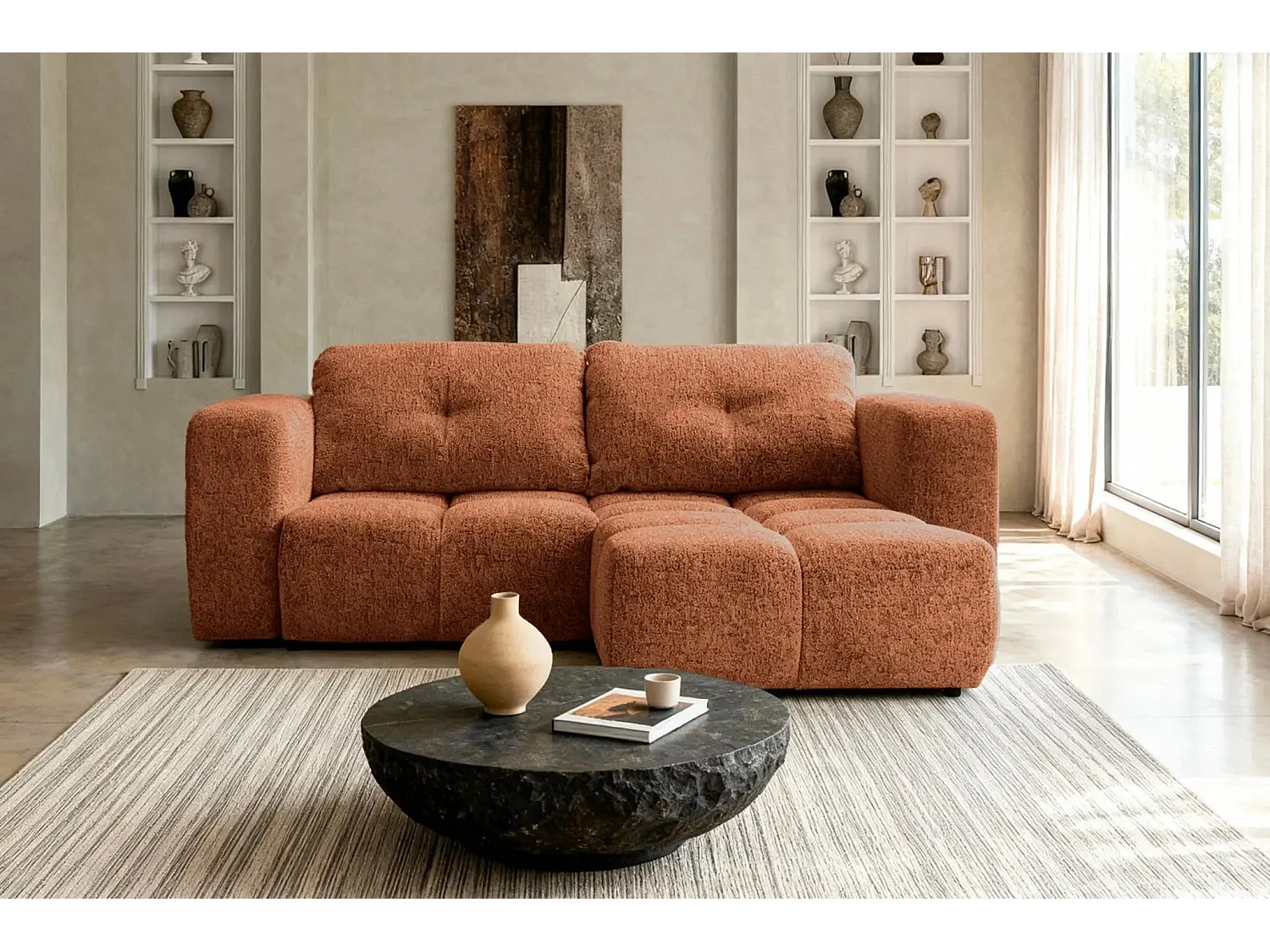 ROMY MINI - Canapé d'angle convertible tissu chenille 2 places Terracotta