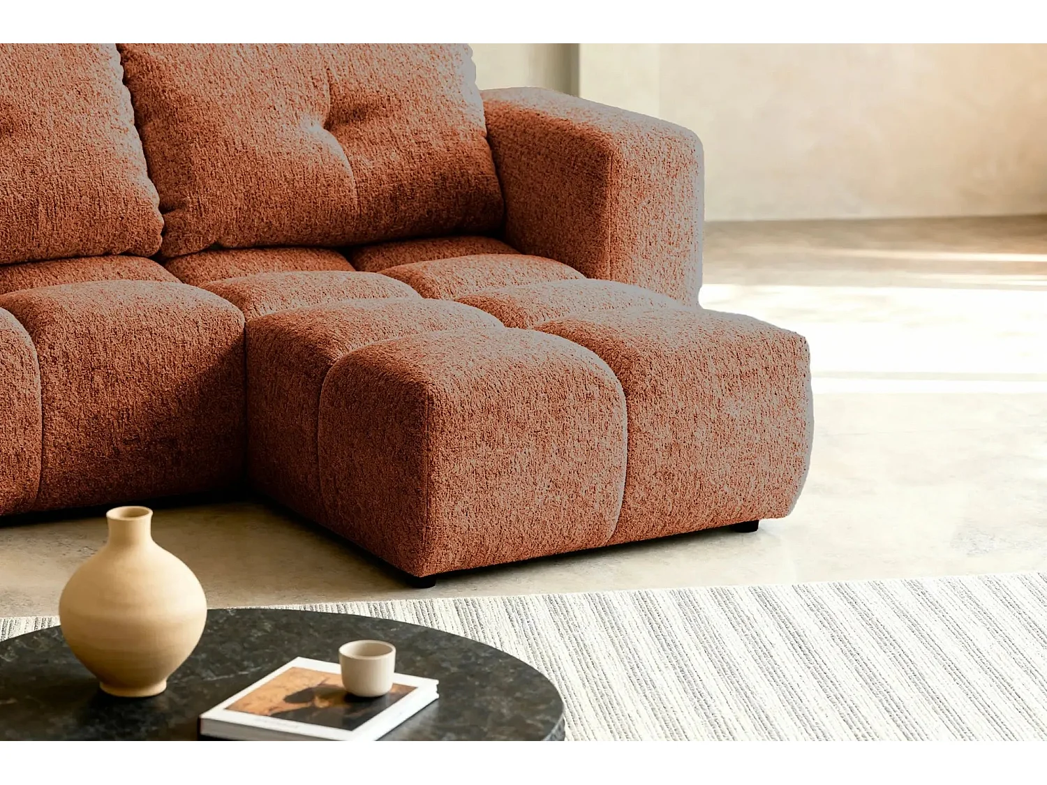 ROMY MINI - Canapé d'angle convertible tissu chenille 2 places Terracotta
