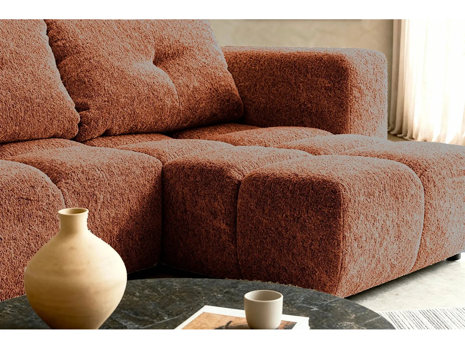 ROMY MINI - Canapé d'angle convertible tissu chenille 2 places Terracotta