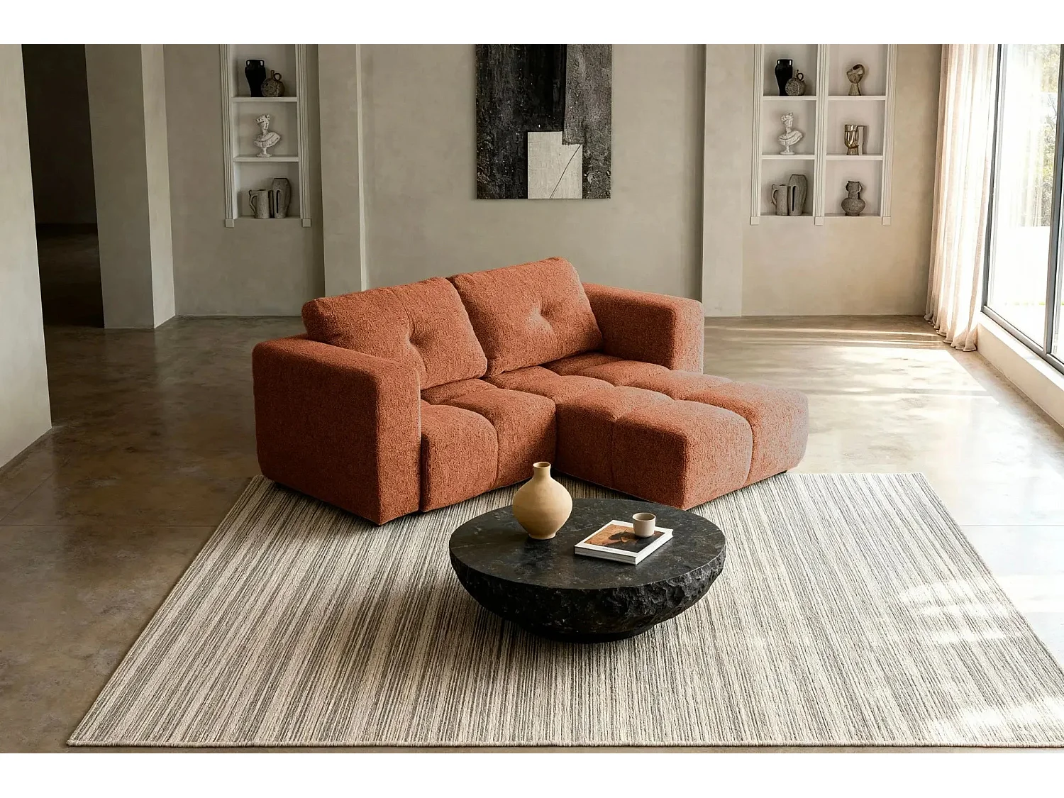 ROMY MINI - Canapé d'angle convertible tissu chenille 2 places Terracotta