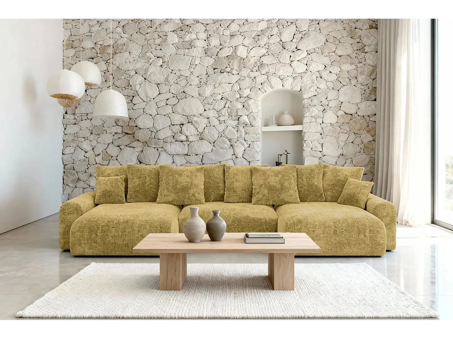 OLI - 5-zits panoramische slaapbank in chenille stof - Mustard