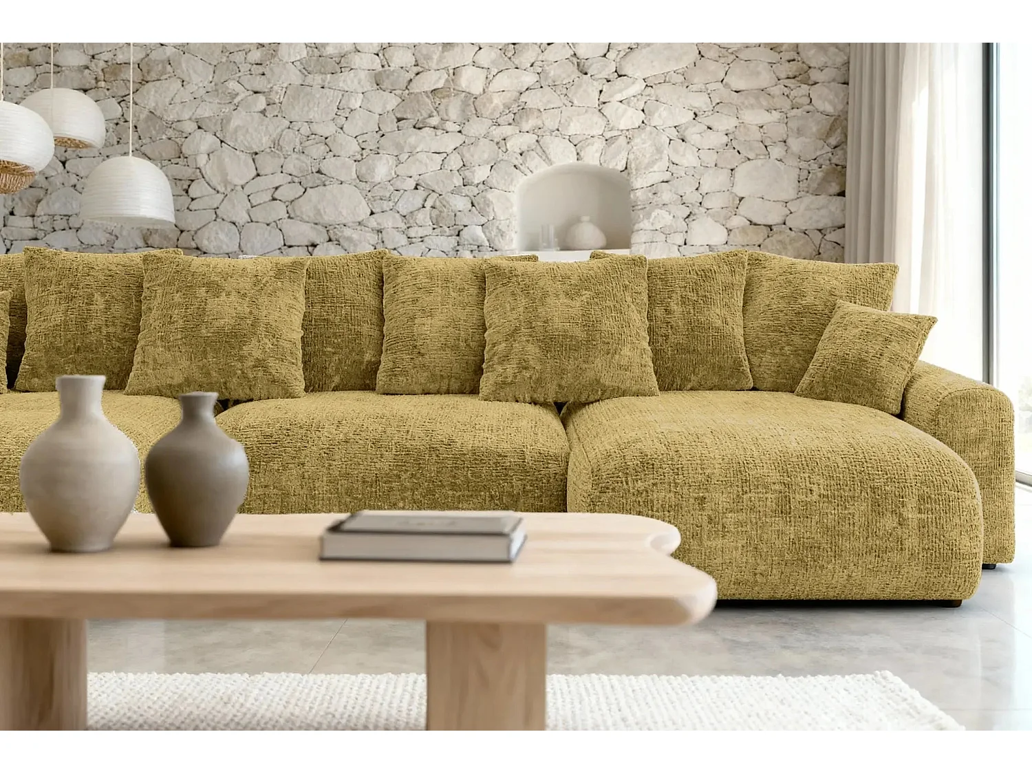 OLI - 5-zits panoramische slaapbank in chenille stof - Mustard
