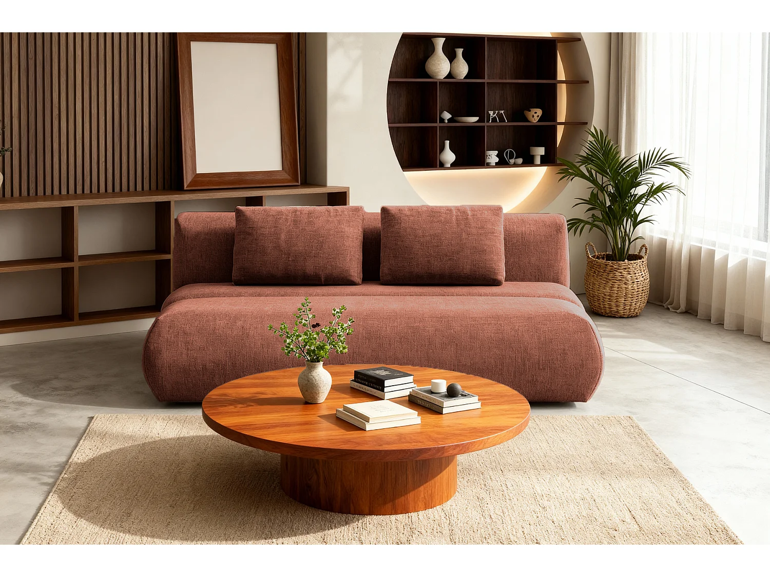 TINA - Canapé droit convertible tissu chiné 2 places Terracotta