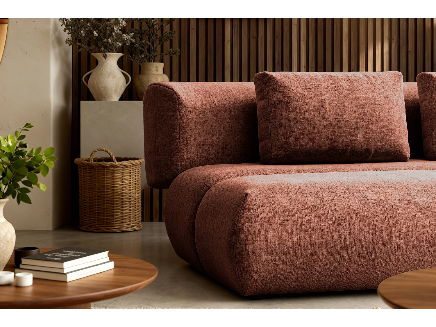 TINA - Canapé droit convertible tissu chiné 2 places Terracotta