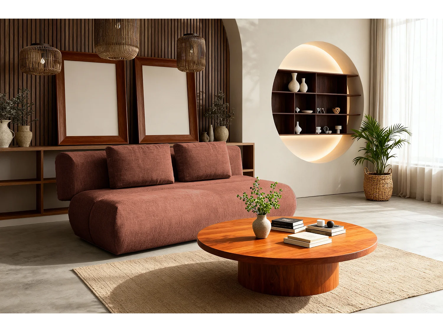 TINA - Canapé droit convertible tissu chiné 2 places Terracotta