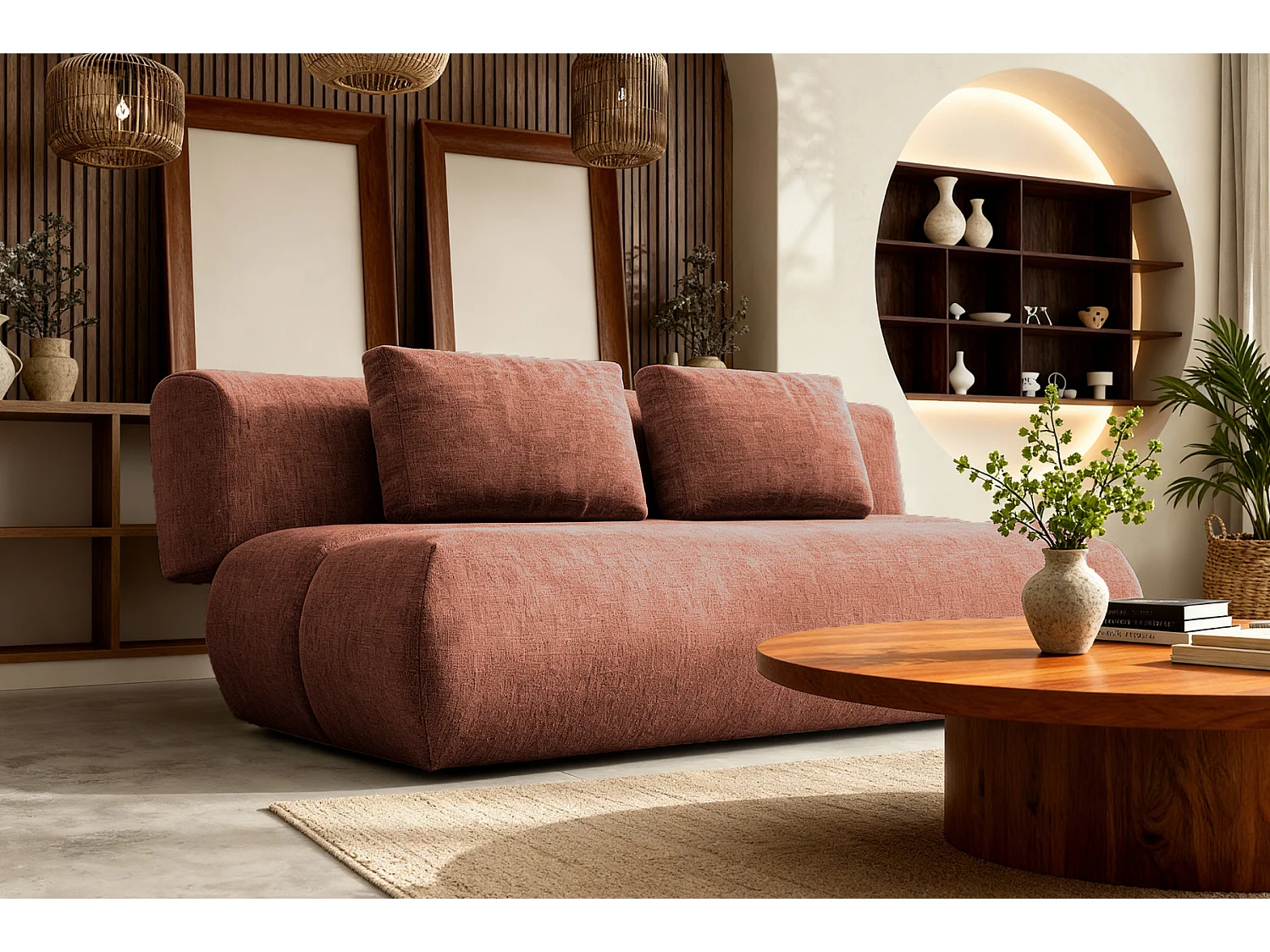 TINA - Canapé droit convertible tissu chiné 2 places Terracotta