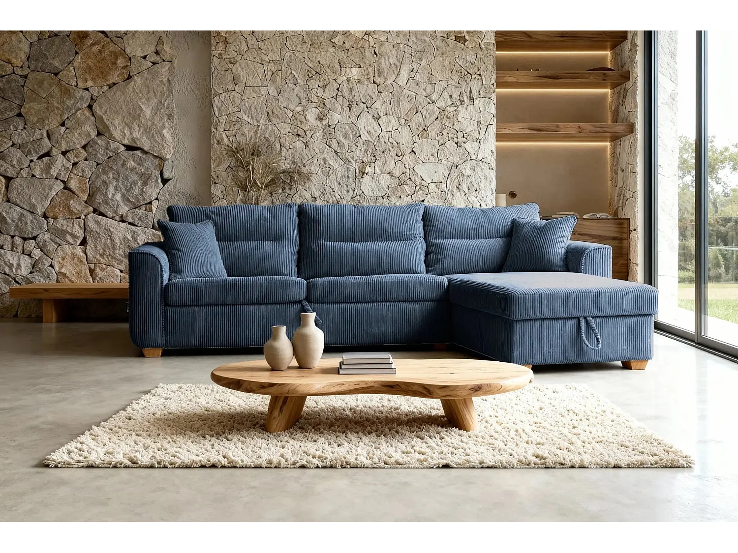 LOULOU - Canapé droit convertible velours côtelé 3 places Bleu