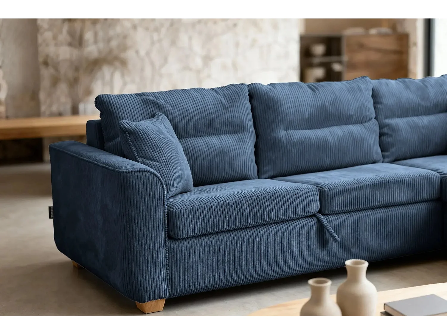 LOULOU - Canapé droit convertible velours côtelé 3 places Bleu