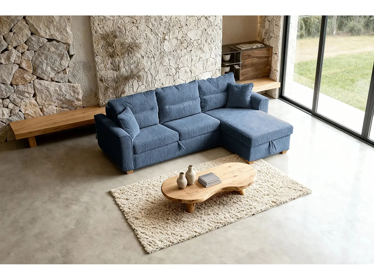 LOULOU - Canapé droit convertible velours côtelé 3 places Bleu