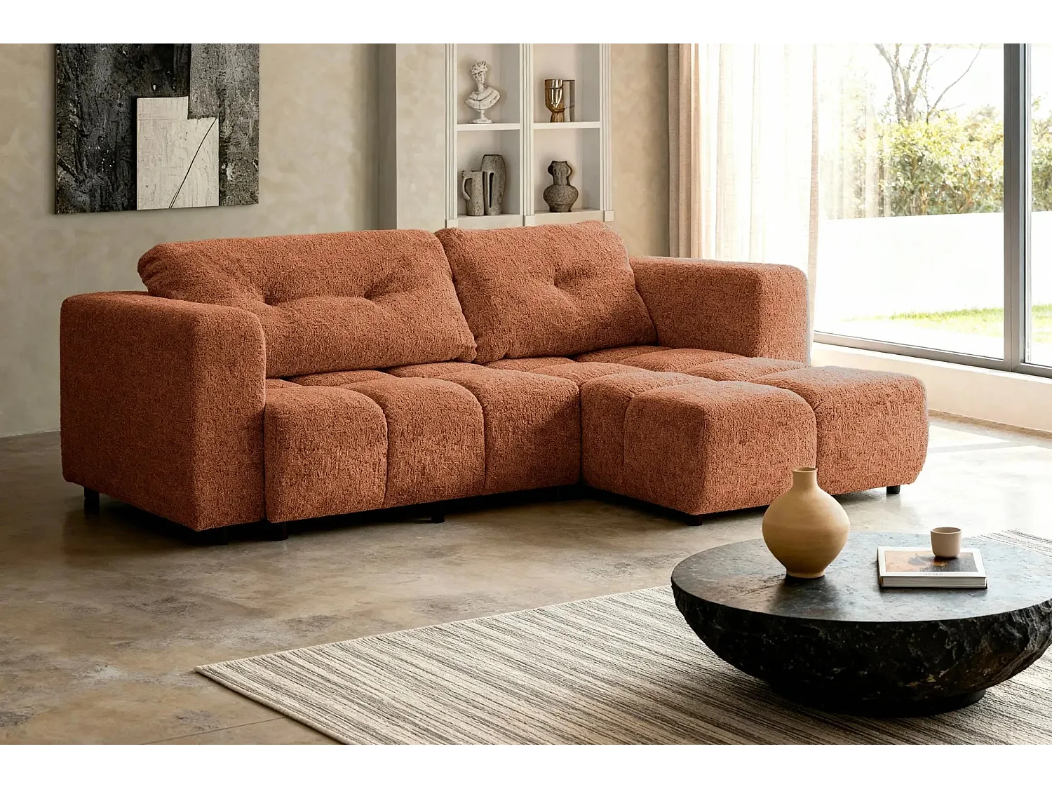 ROMY - Canapé d'angle convertible tissu chenille 3 places Terracotta