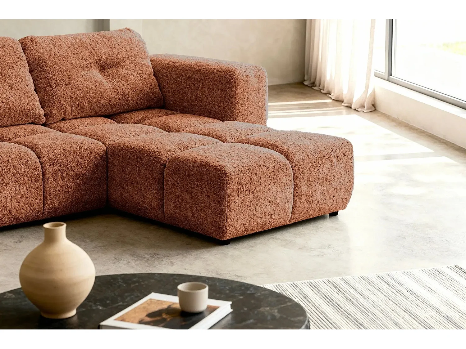 ROMY - Canapé d'angle convertible tissu chenille 3 places Terracotta