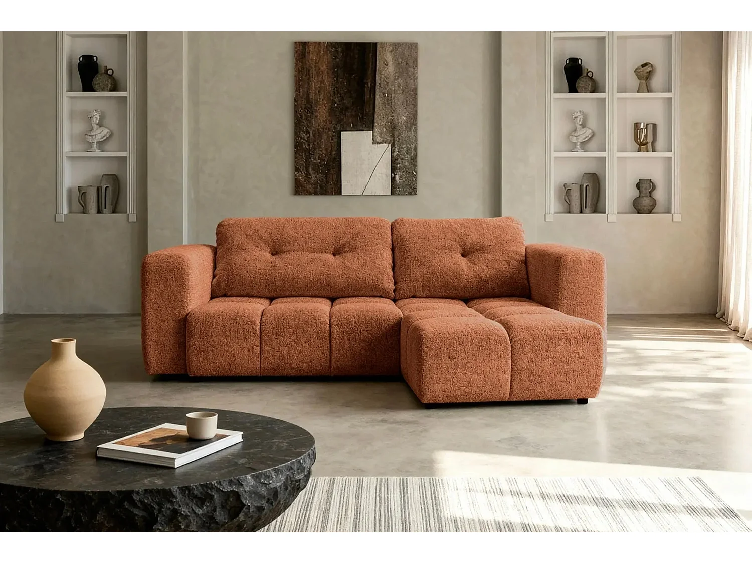 ROMY - Canapé d'angle convertible tissu chenille 3 places Terracotta