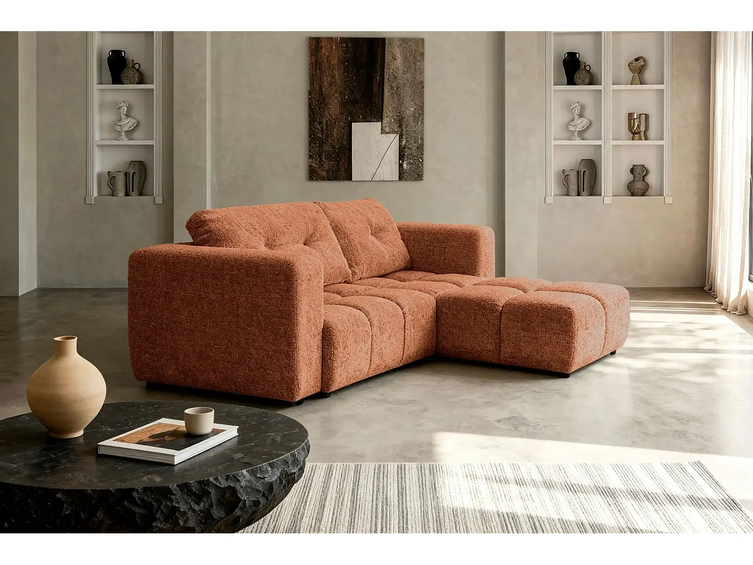 ROMY - Canapé d'angle convertible tissu chenille 3 places Terracotta