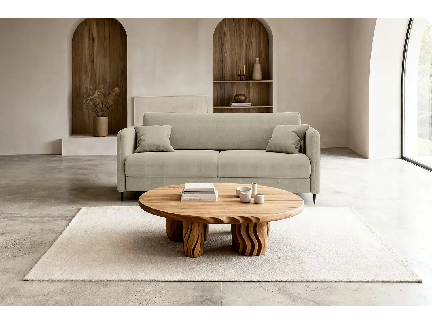 VICKY - Canapé droit convertible tissu lisse 2 places Café