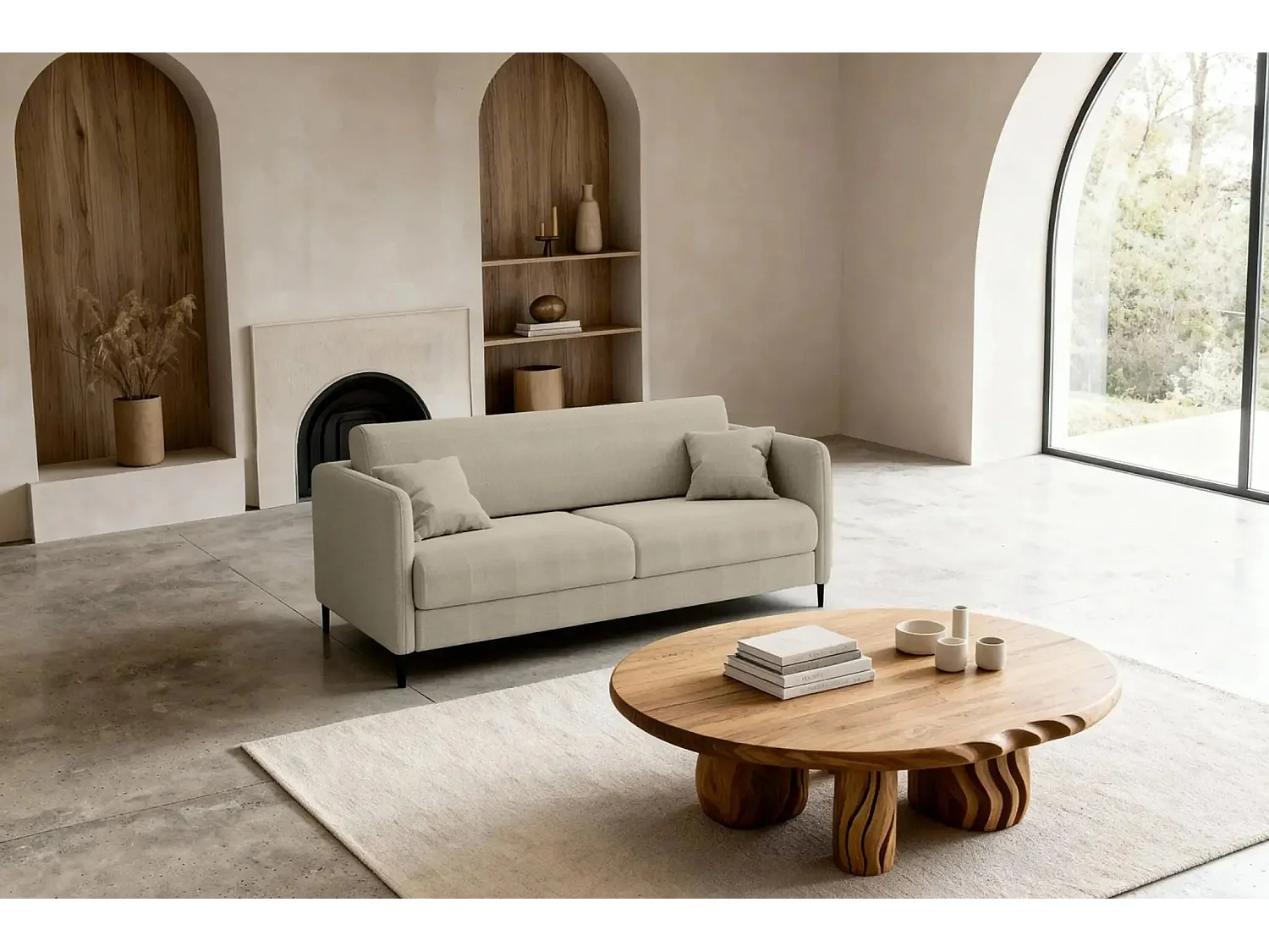 VICKY - Canapé droit convertible tissu lisse 2 places Café
