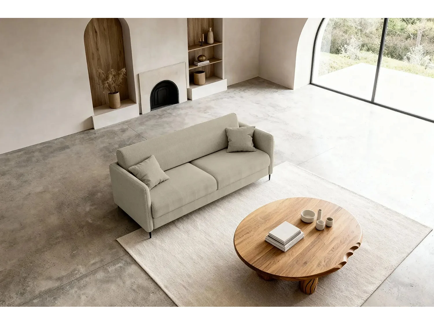 VICKY - Canapé droit convertible tissu lisse 2 places Café