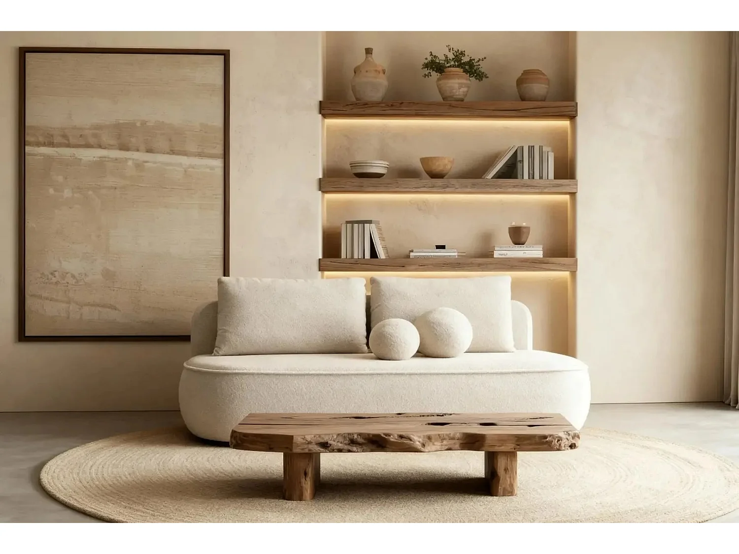 VICTOIRE - Canapé droit convertible tissu bouclette 2 places Beige