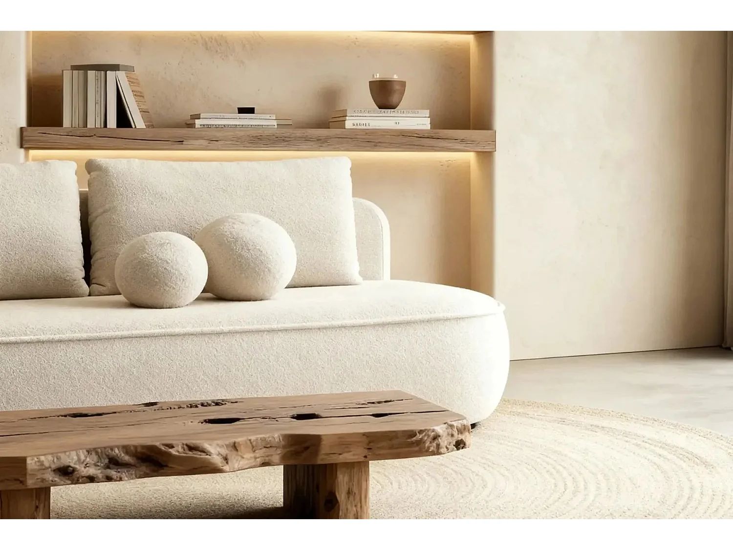 VICTOIRE - Canapé droit convertible tissu bouclette 2 places Beige
