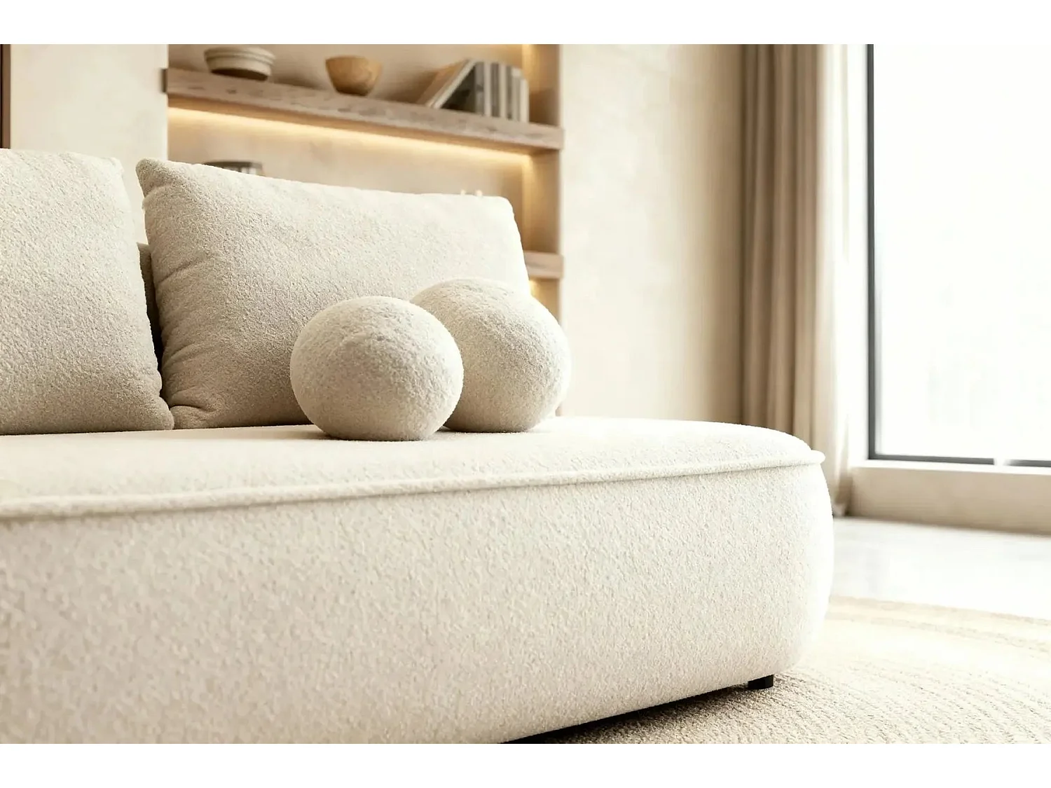 VICTOIRE - Canapé droit convertible tissu bouclette 2 places Beige