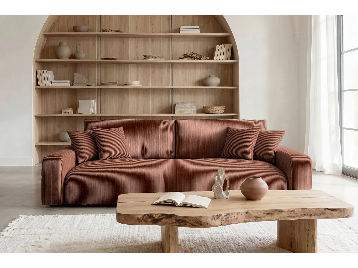 ENA - Canapé droit convertible velours côtelé 3 places Terracotta