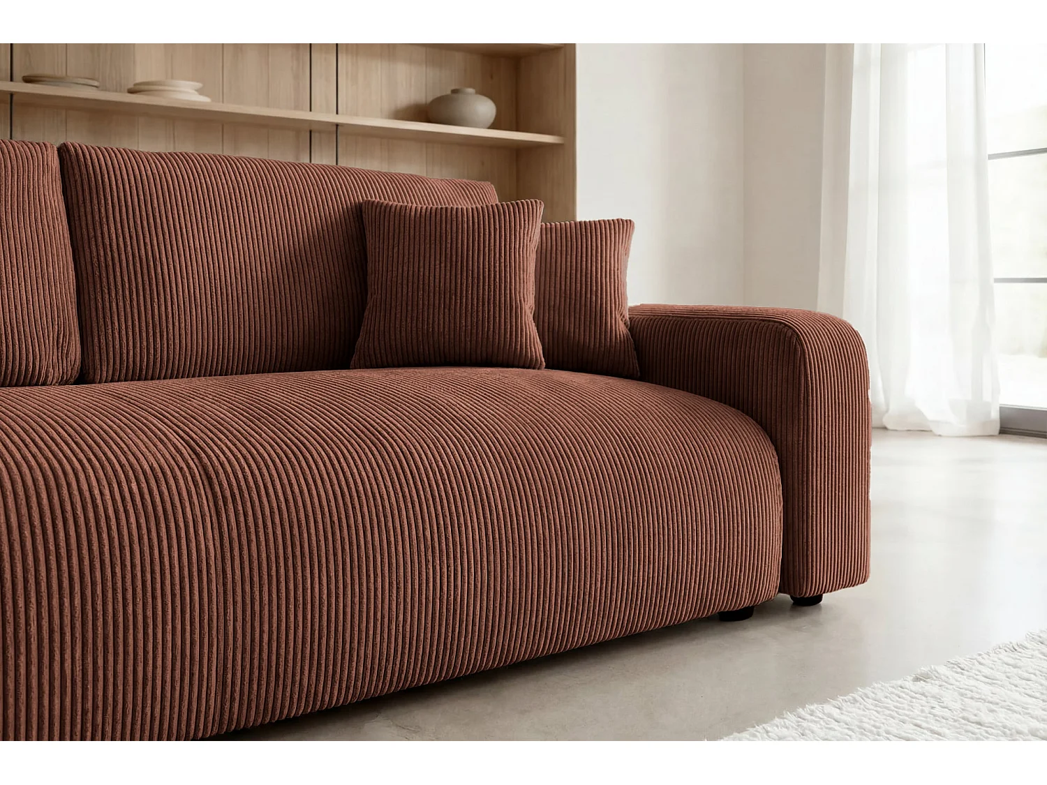 ENA - Canapé droit convertible velours côtelé 3 places Terracotta