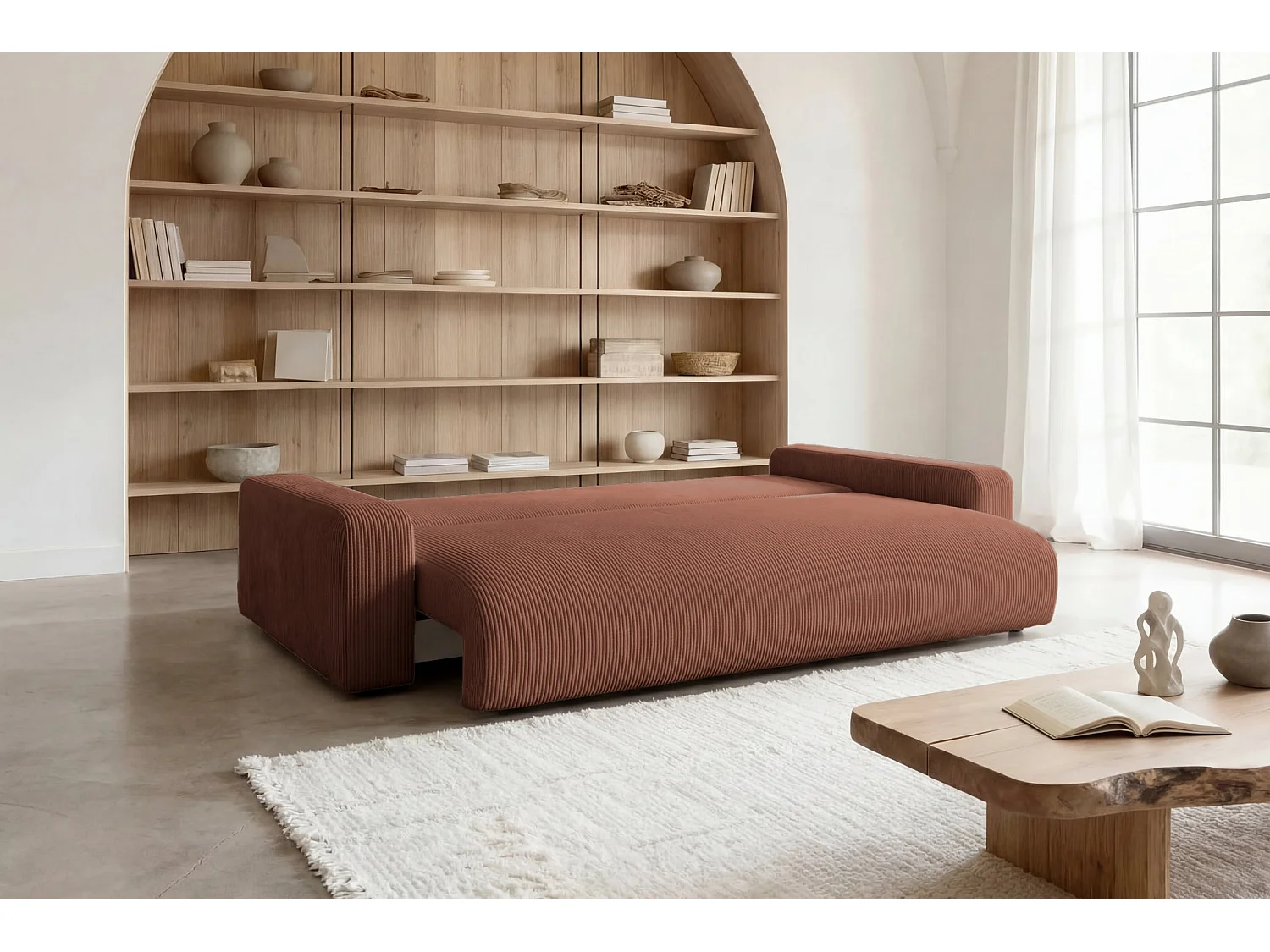 ENA - Canapé droit convertible velours côtelé 3 places Terracotta