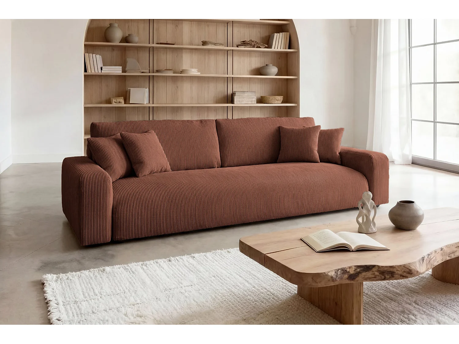 ENA - Canapé droit convertible velours côtelé 3 places Terracotta