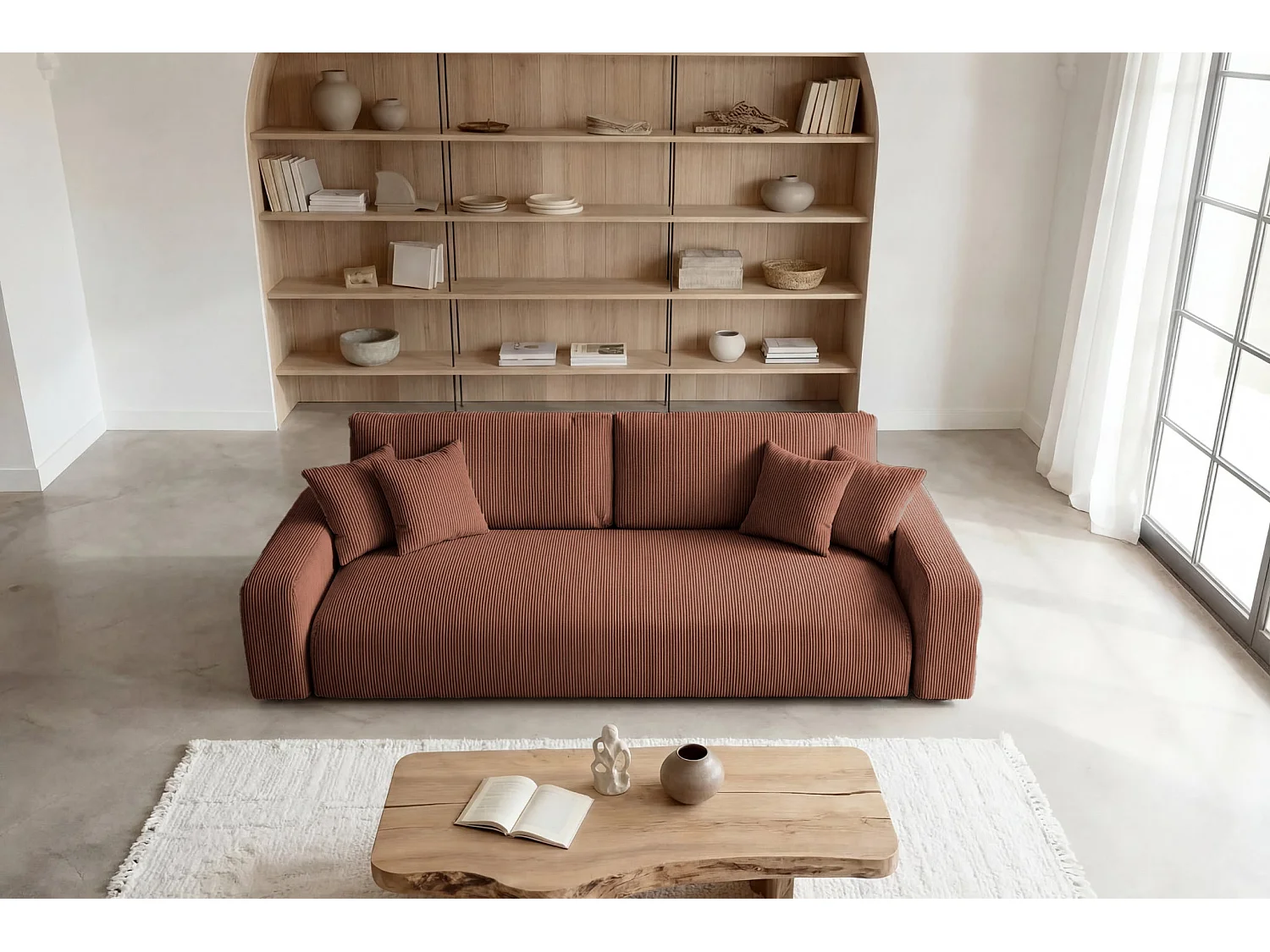 ENA - Canapé droit convertible velours côtelé 3 places Terracotta