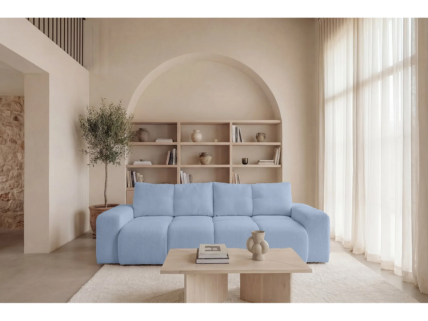 CONSTANCE - Canapé droit convertible tissu chenille 3 places Bleu clair