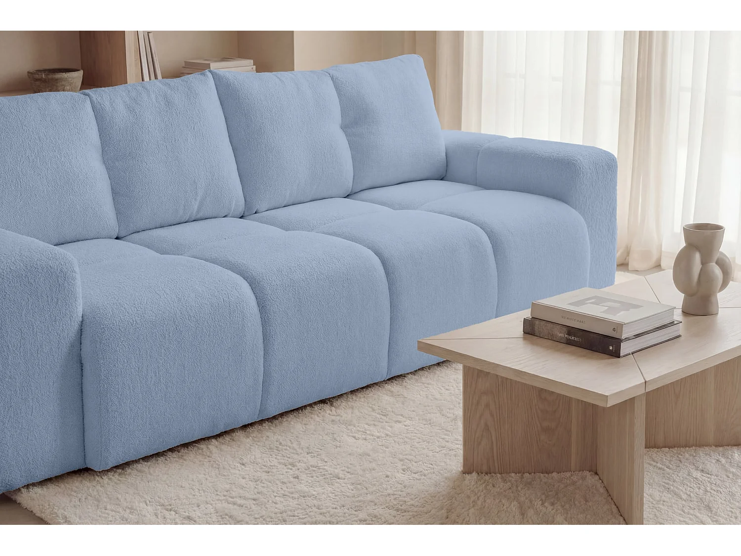 CONSTANCE - Canapé droit convertible tissu chenille 3 places Bleu clair