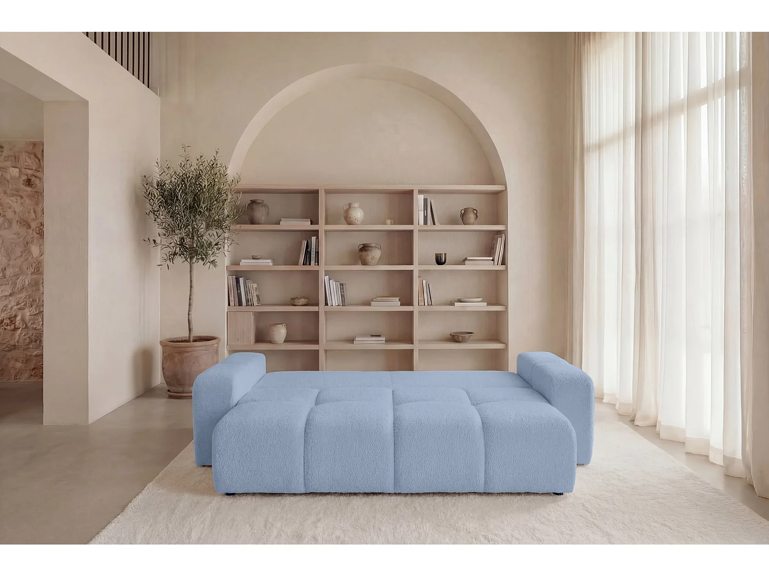 CONSTANCE - Canapé droit convertible tissu chenille 3 places Bleu clair