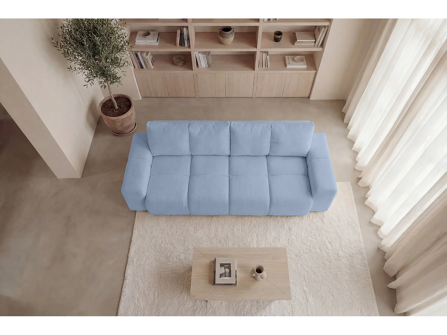 CONSTANCE - Canapé droit convertible tissu chenille 3 places Bleu clair