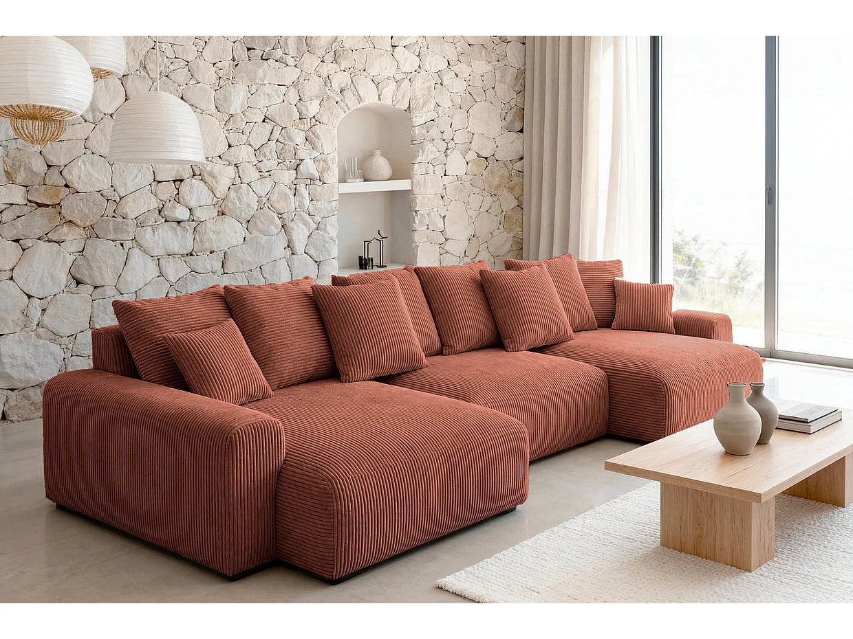 OLI - Canapé panoramique convertible petit velours côtelé Terracotta