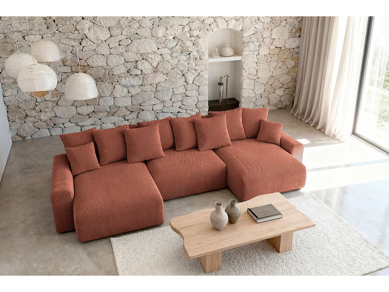 OLI - Canapé panoramique convertible petit velours côtelé Terracotta