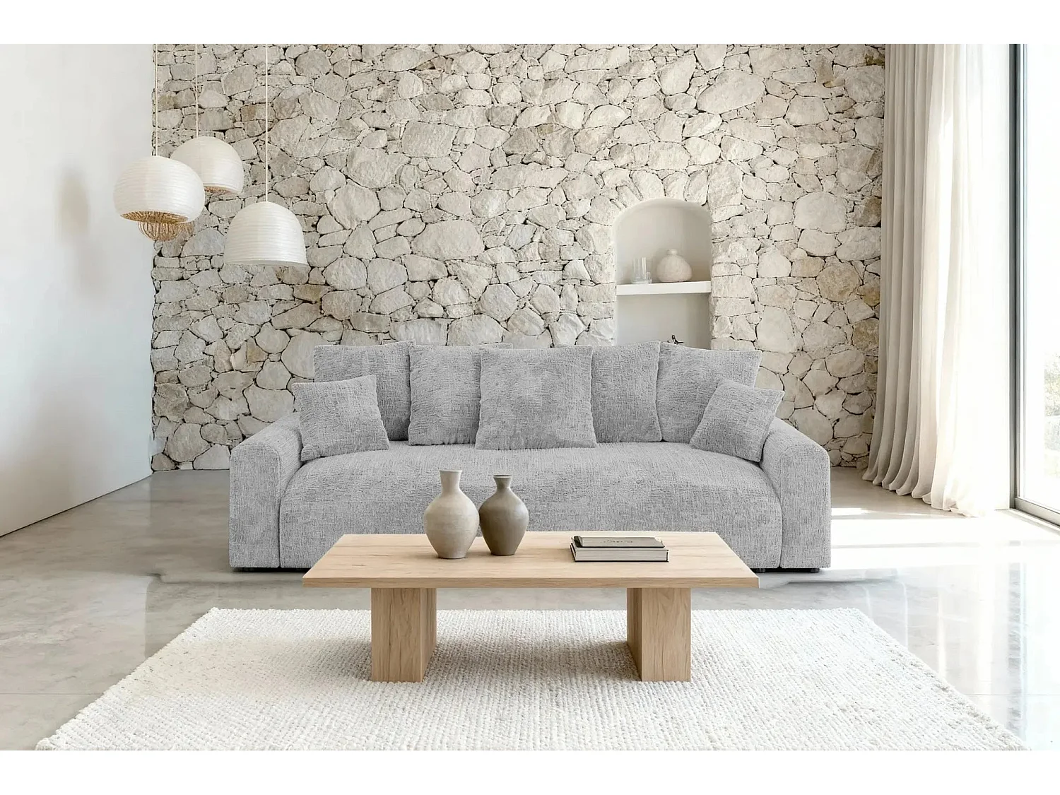 OLI - Canapé droit convertible tissu chenille 3 places Gris clair
