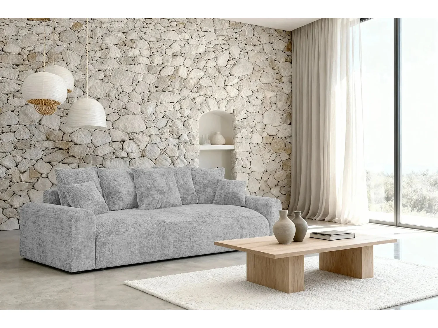 OLI - Canapé droit convertible tissu chenille 3 places Gris clair