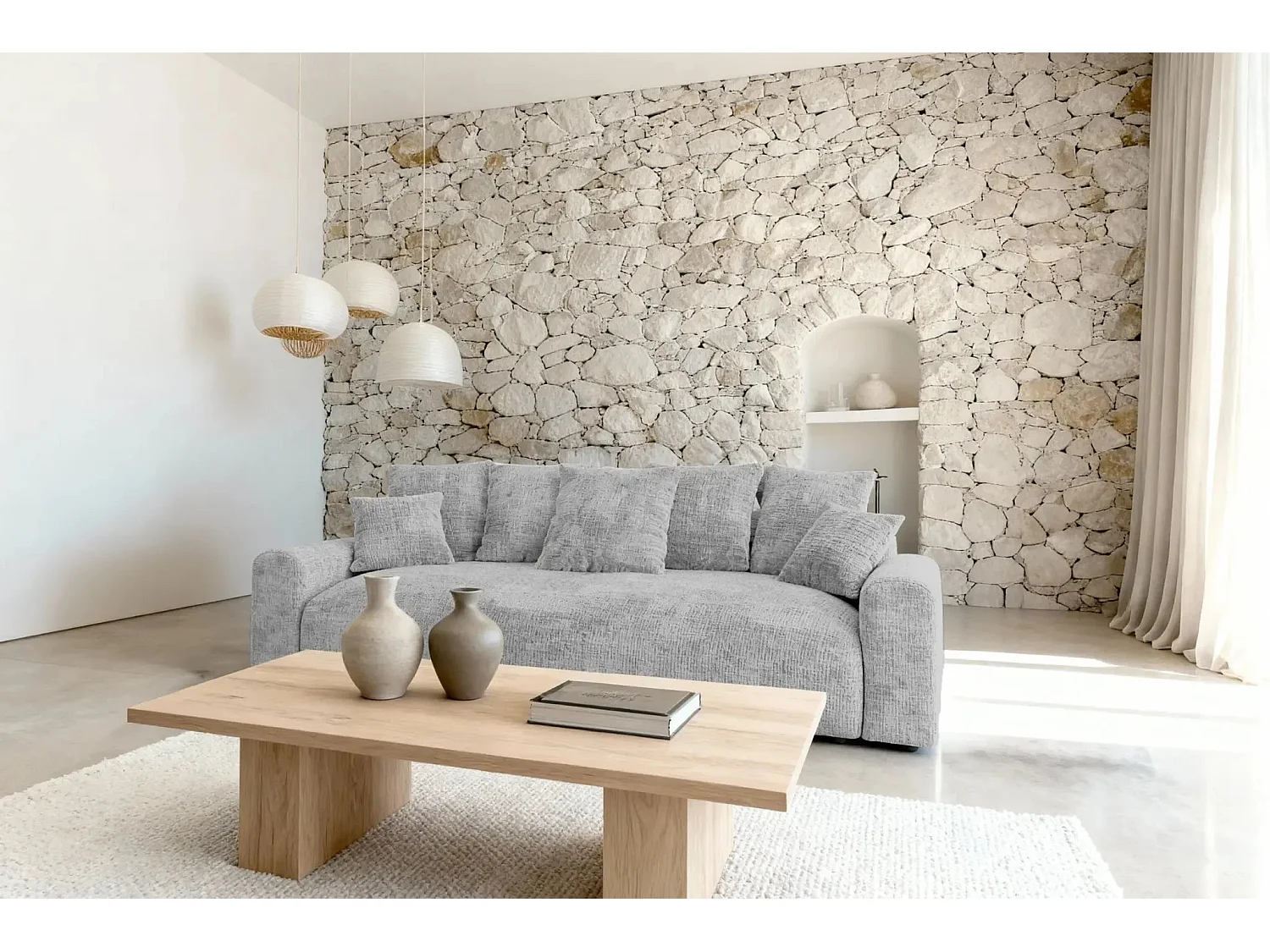 OLI - Canapé droit convertible tissu chenille 3 places Gris clair