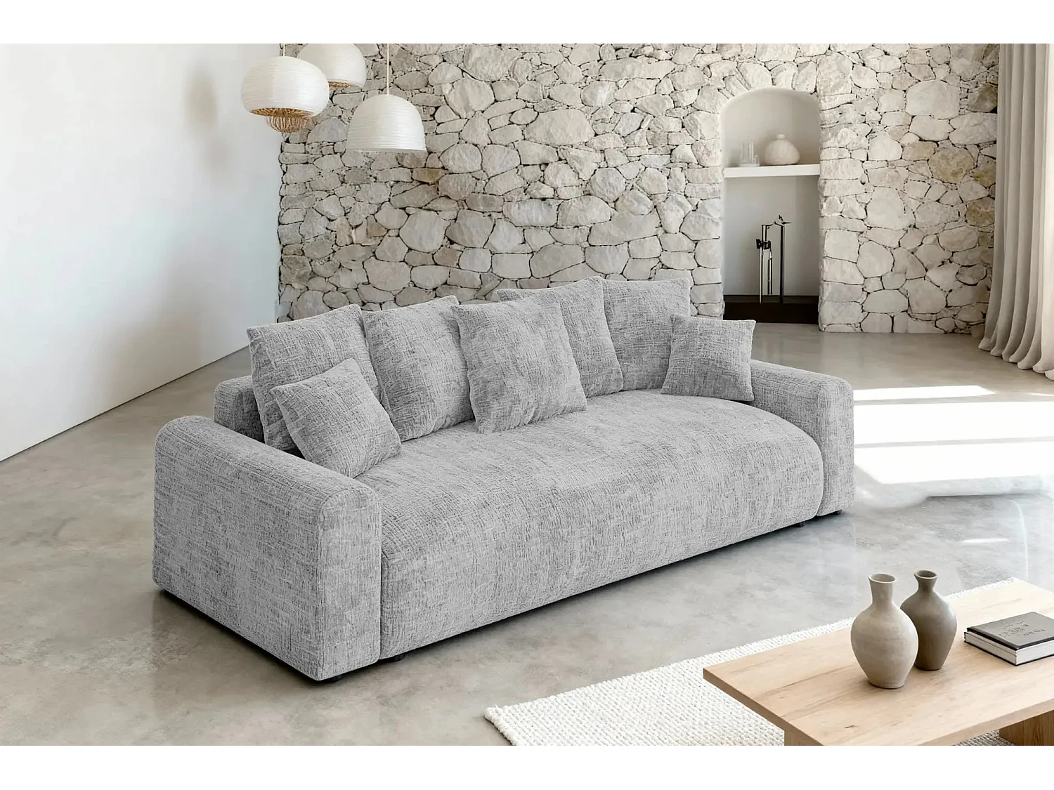 OLI - Canapé droit convertible tissu chenille 3 places Gris clair