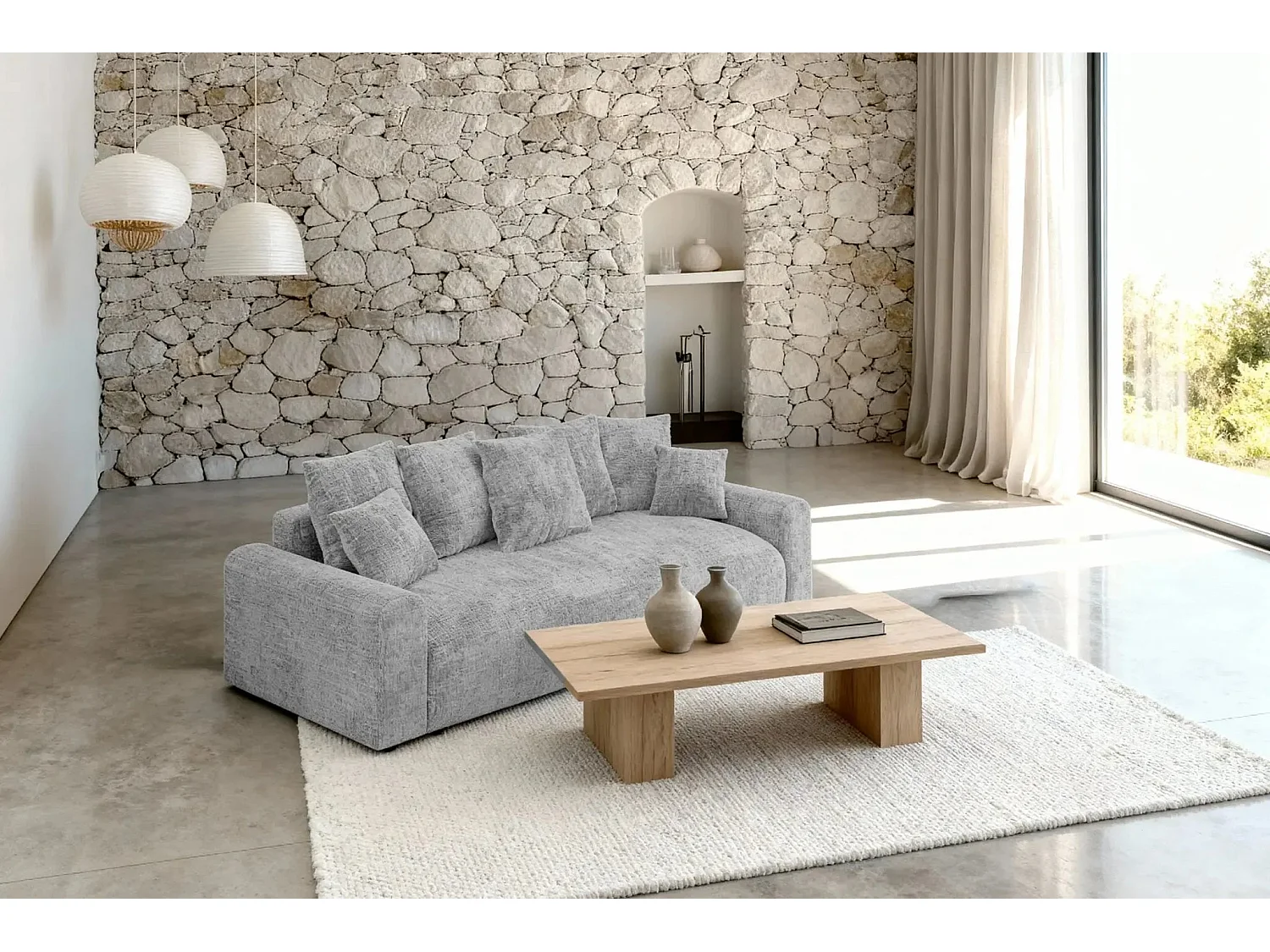 OLI - Canapé droit convertible tissu chenille 3 places Gris clair