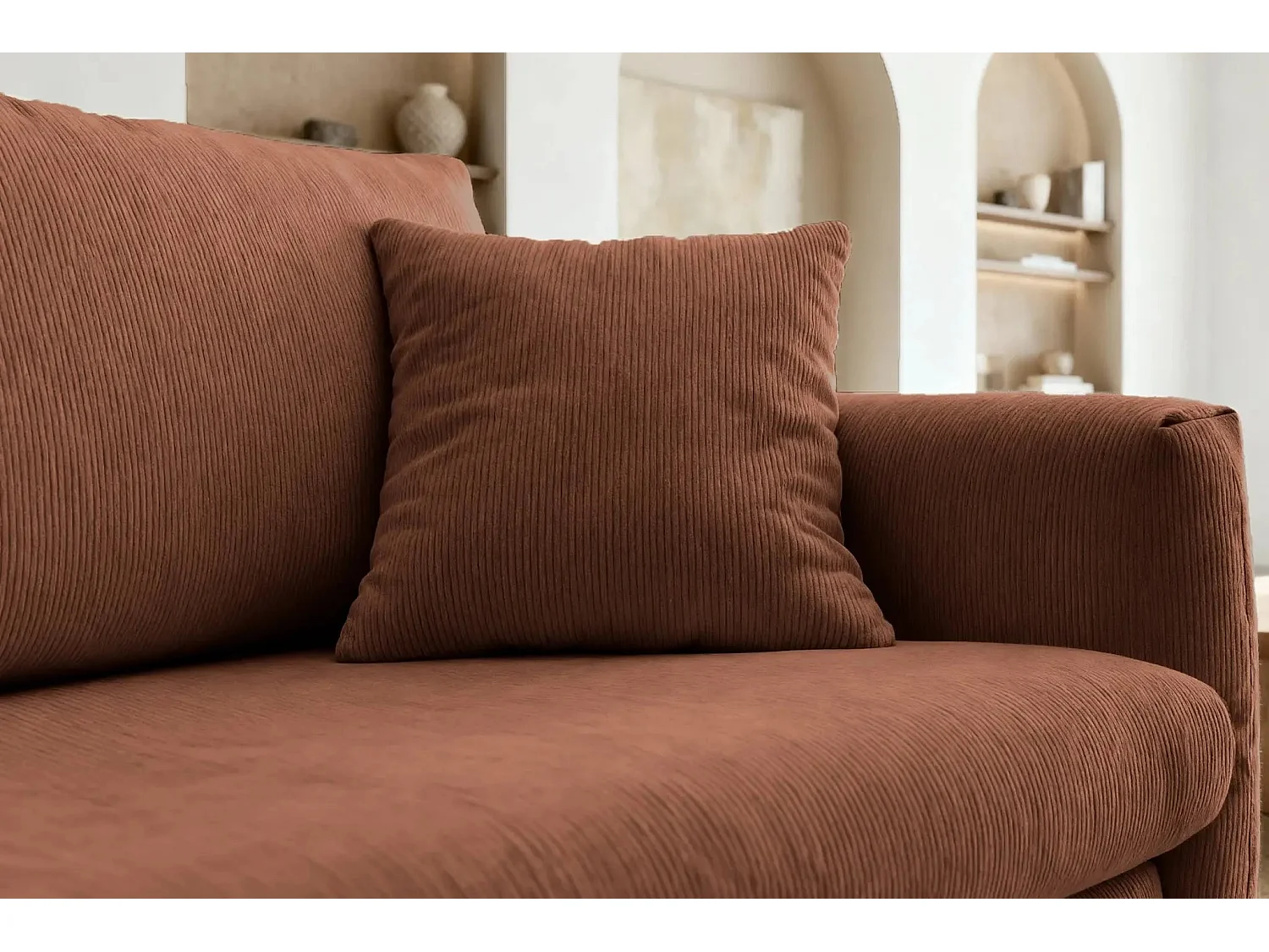 LUMIE - Canapé droit convertible velours côtelé 2 places Terracotta