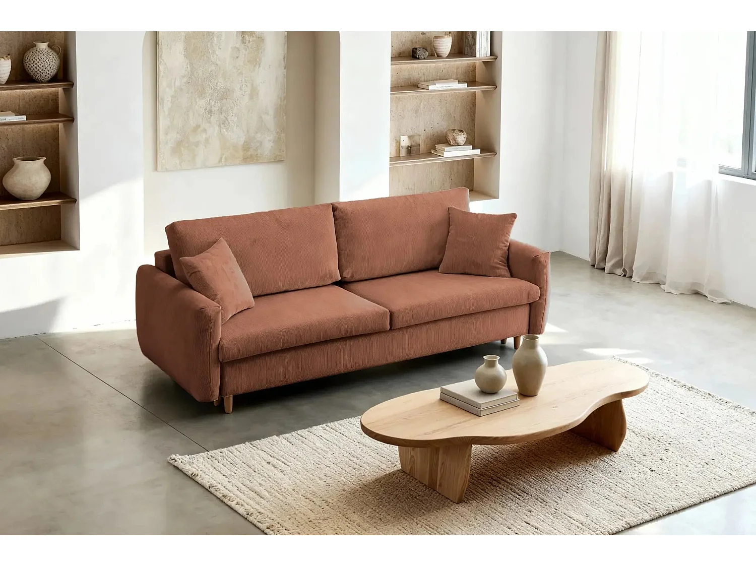 LUMIE - Canapé droit convertible velours côtelé 2 places Terracotta