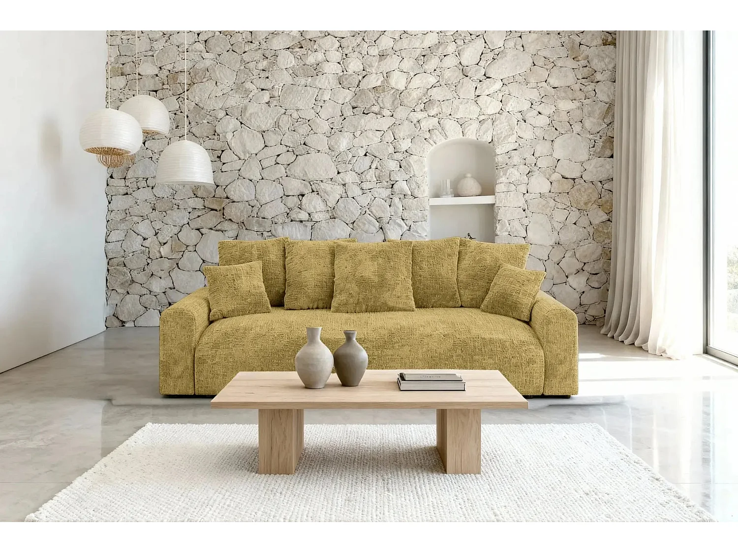 OLI - Canapé droit convertible tissu chenille 3 places Moutarde
