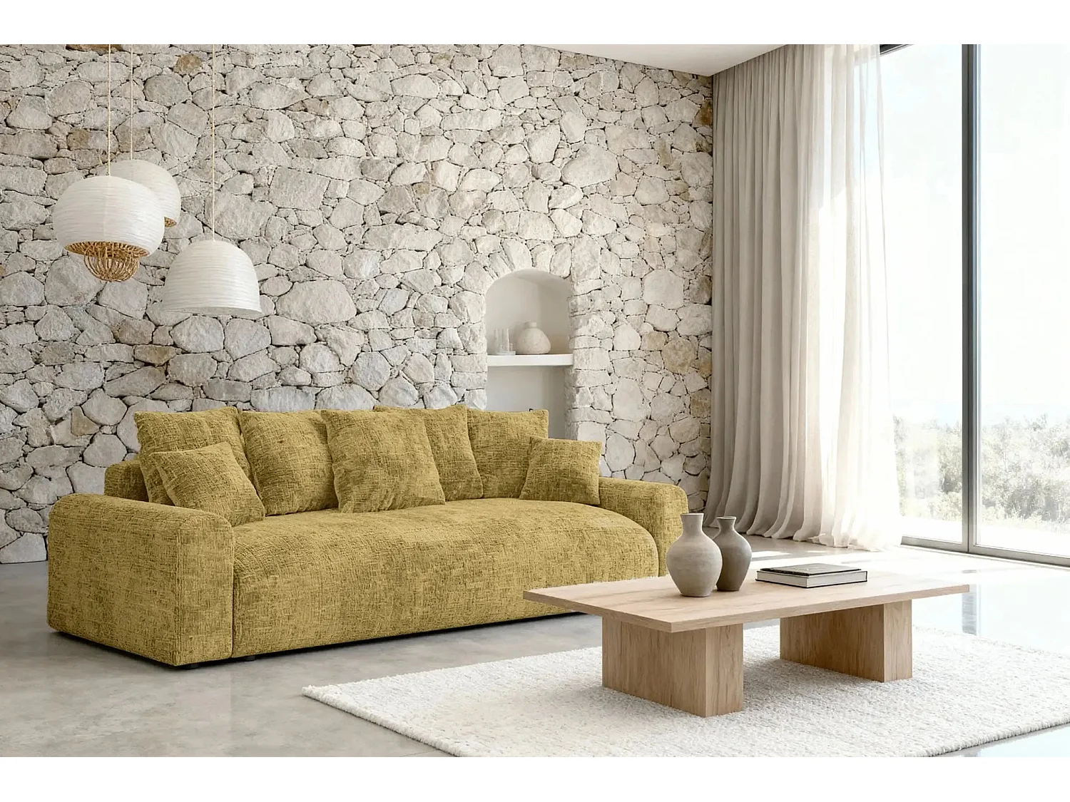 OLI - Canapé droit convertible tissu chenille 3 places Moutarde