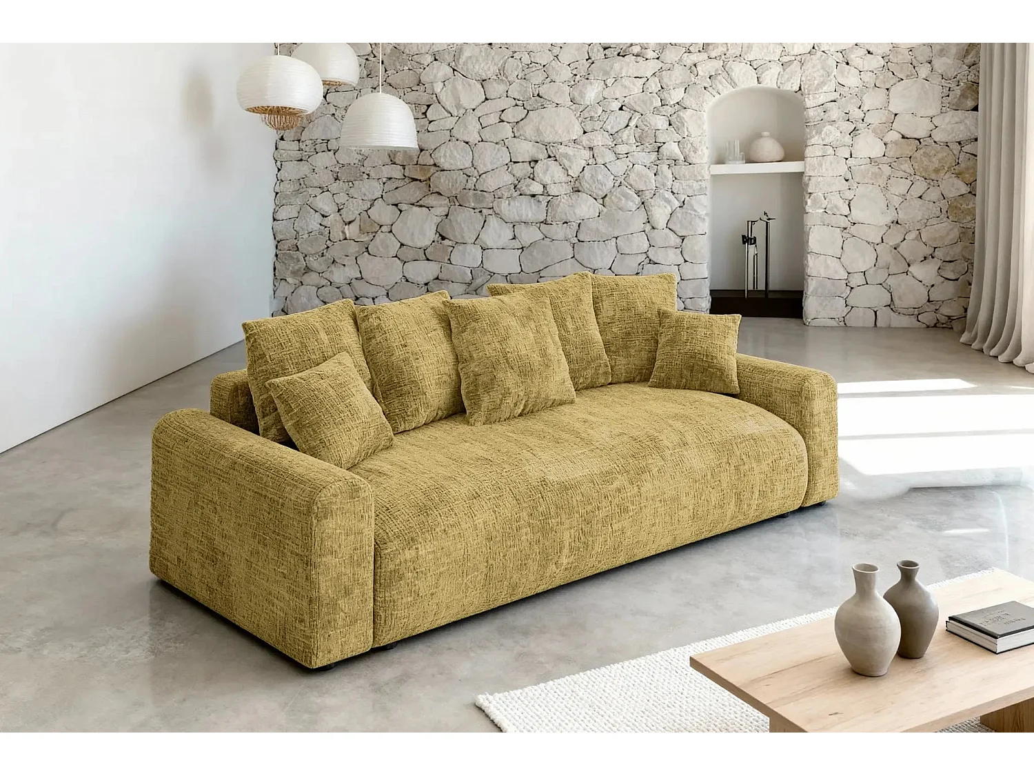 OLI - Canapé droit convertible tissu chenille 3 places Moutarde