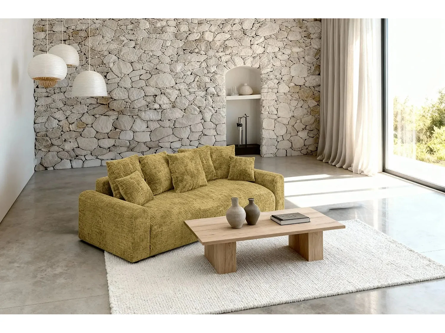 OLI - Canapé droit convertible tissu chenille 3 places Moutarde