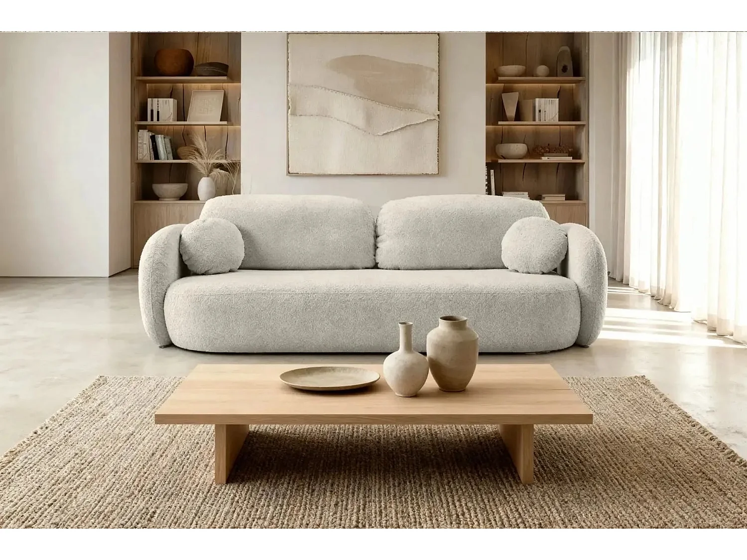 SANTIAGO - Canapé droit convertible tissu bouclette 3 places Beige
