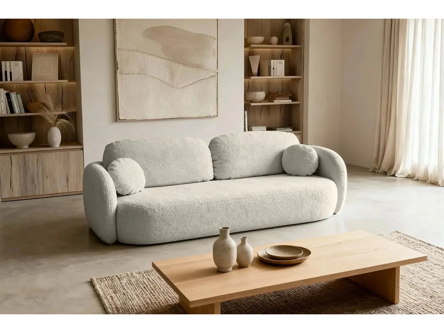 SANTIAGO - Canapé droit convertible tissu bouclette 3 places Beige