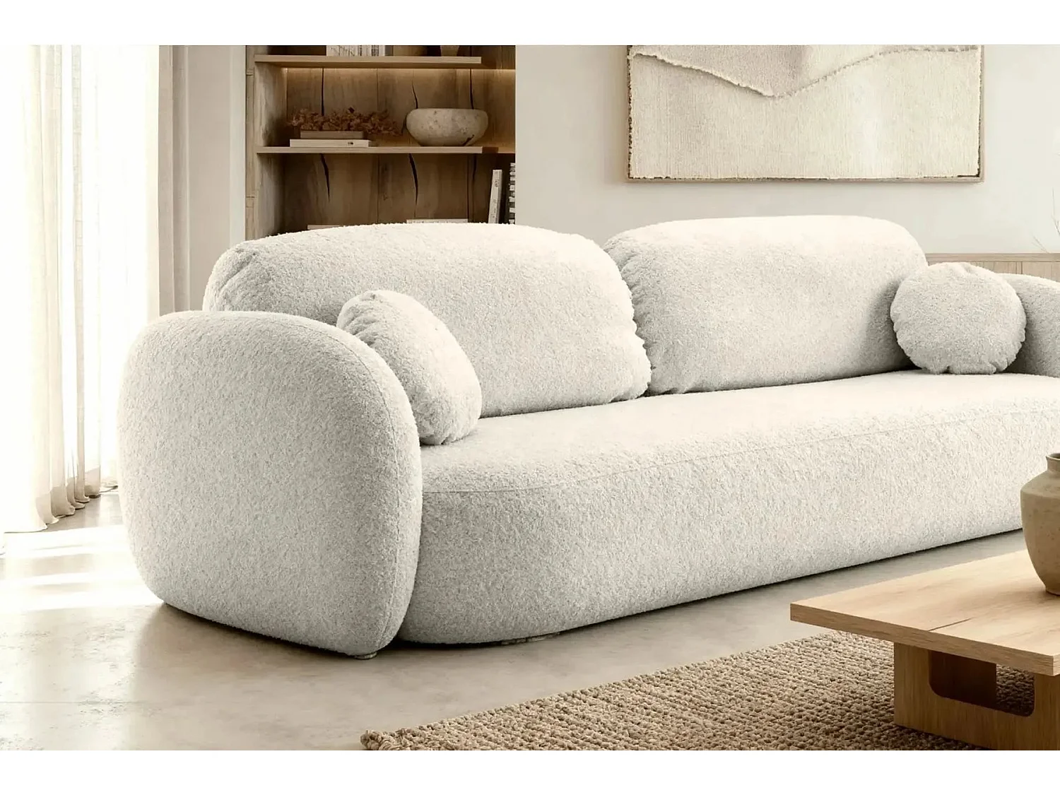 SANTIAGO - Canapé droit convertible tissu bouclette 3 places Beige