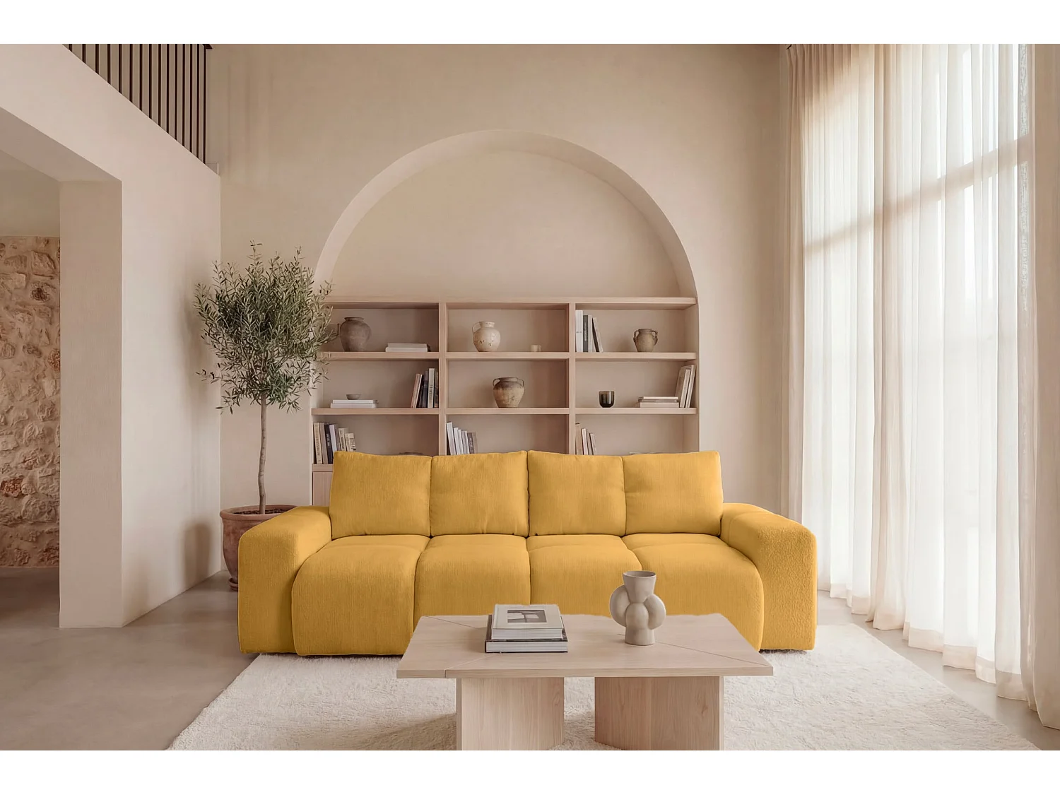 CONSTANCE - Canapé droit convertible tissu chenille 3 places Moutarde