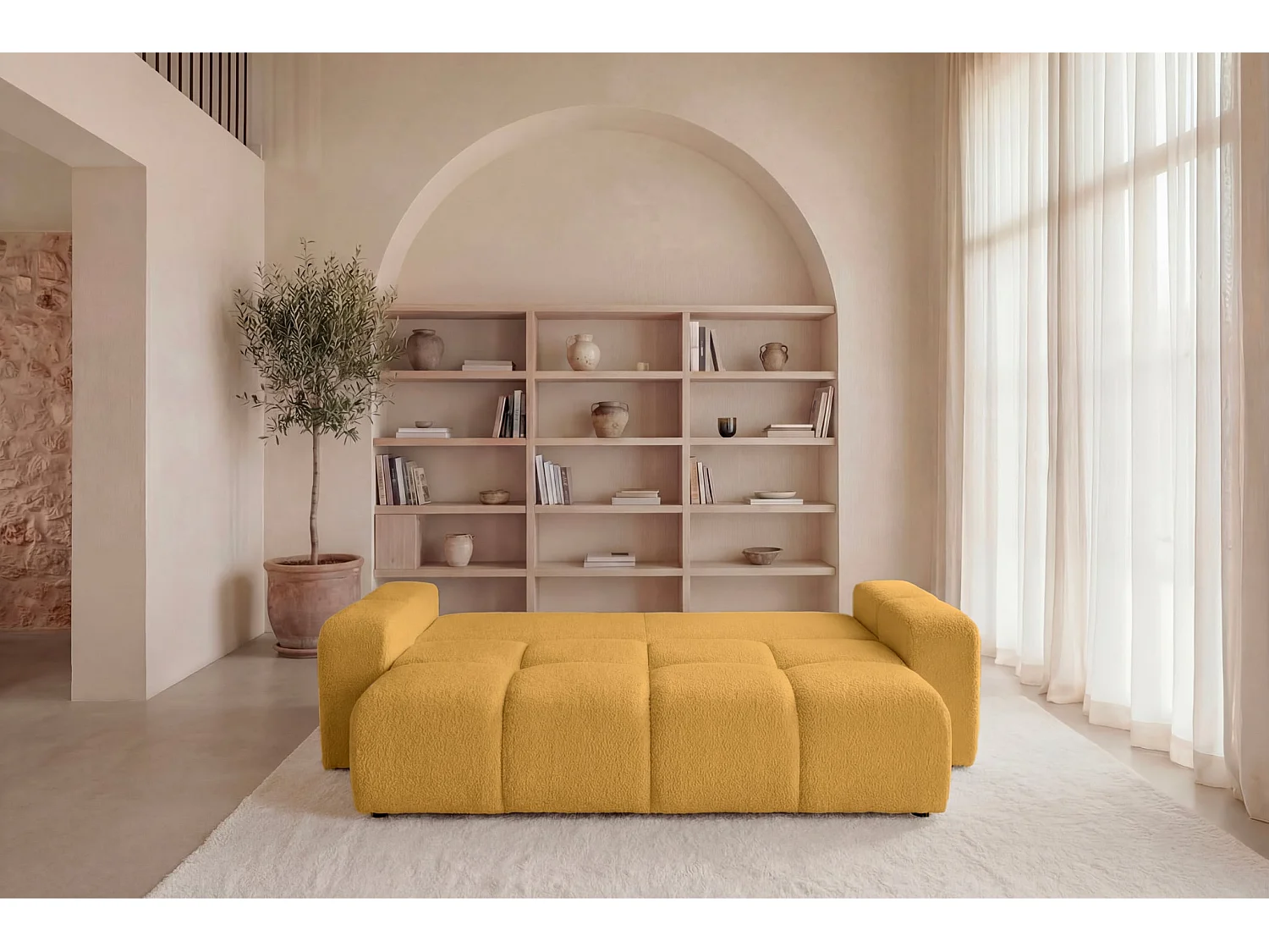 CONSTANCE - Canapé droit convertible tissu chenille 3 places Moutarde